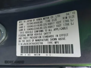 2010 Honda CR-V EX-L with VIN JHLRE3H76AC002706, listed as a IAAI auction lot 42126760 with 170,971 mi miles and . Bid and sale history available at carsss.com. Image 9.