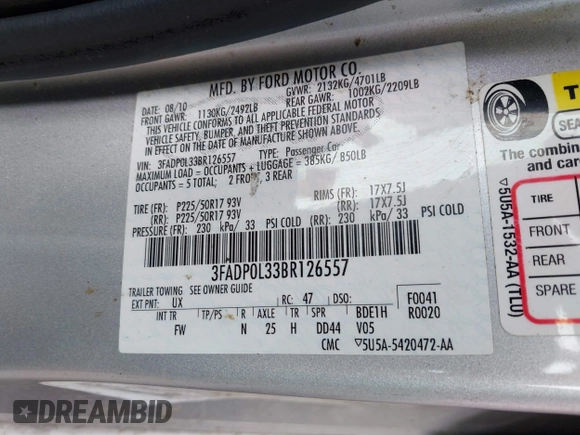 2011 Ford Fusion Hybrid with VIN 3FADP0L33BR126557, listed as a IAAI auction lot 42523235 with 179,867 mi miles and . Bid and sale history available at DreamBid. Image 9.