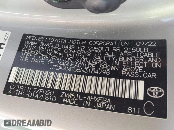 2022 Toyota Prius L Eco z VIN JTDKAMFU5N3184798, wystawiony jako IAAI lot #41947227 z przebiegiem 35 943 mil mil oraz . Historia ofert i sprzedaży dostępna na DreamBid. Obrazek 9.