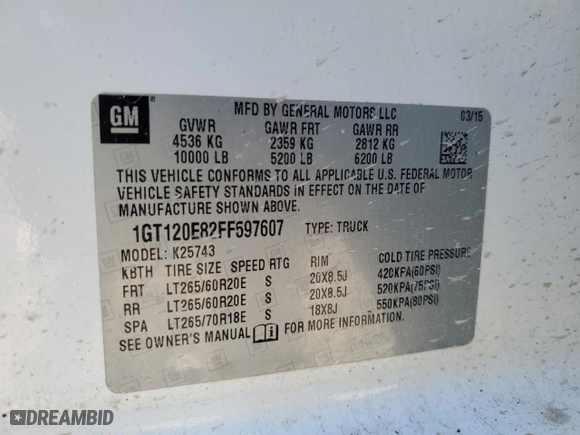 2015 GMC Sierra 2500HD Denali with VIN 1GT120E82FF597607, listed as a Copart auction lot 82844954 with 0 mi miles and Salvage Title. Bid and sale history available at carsss.com. Image 12.