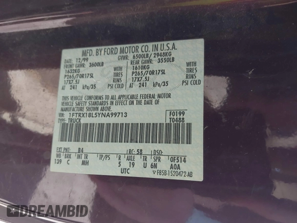 2000 Ford F-150 XL with VIN 1FTRX18L5YNA99713, listed as a IAAI auction lot 42194838 with Not provided miles and . Bid and sale history available at DreamBid. Image 9.