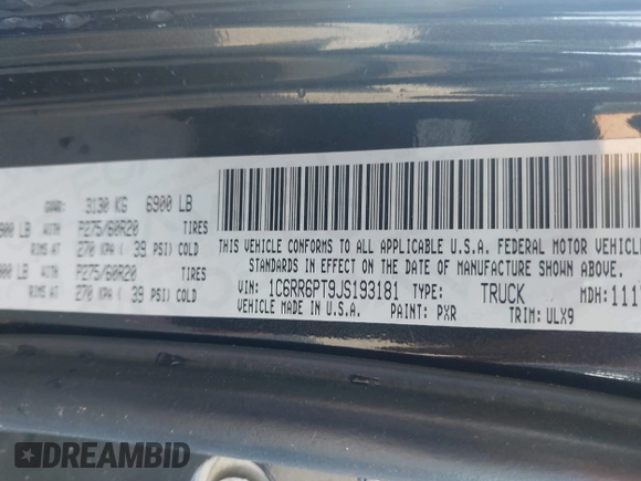 2018 Ram 1500 Limited z VIN 1C6RR6PT9JS193181, wystawiony jako IAAI lot #42133768 z przebiegiem 75 658 mil mil oraz . Historia ofert i sprzedaży dostępna na DreamBid. Obrazek 9.