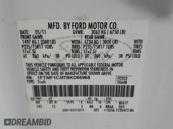 2011 Ford F-150 XL с VIN 1FTMF1CM7BKD66968, выставлен на аукционе Copart как лот 59961265 с пробегом 81 170 миль миль и Списание • Salvage title. История ставок и продаж доступна на DreamBid. Изображение 13.