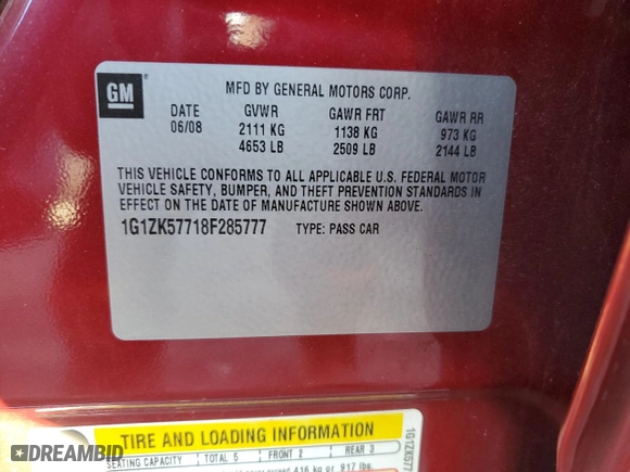 2008 Chevrolet Malibu LTZ with VIN 1G1ZK57718F285777, listed as a Copart auction lot 46671615 with 155,114 mi miles and Non Repairable. Bid and sale history available at carsss.com. Image 12.