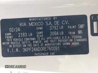 2024 Kia Forte LXS with VIN 3KPF24AD0RE760091, listed as a IAAI auction lot 41725203 with Not Provided miles and . Bid and sale history available at DreamBid. Image 9.