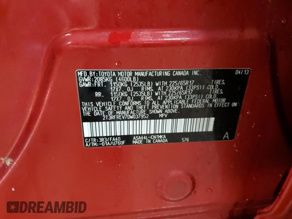 2013 Toyota RAV4 XLE with VIN 2T3RFREV7DW037952, listed as a Copart auction lot 50366575 with 161,994 mi miles and Salvage Title. Bid and sale history available at carsss.com. Image 12.
