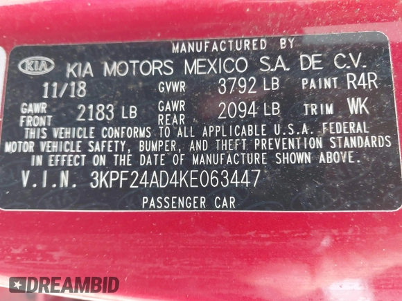 2019 Kia Forte LXS z VIN 3KPF24AD4KE063447, wystawiony jako IAAI lot #42278872 z przebiegiem 70 362 mil mil oraz . Historia ofert i sprzedaży dostępna na DreamBid. Obrazek 9.