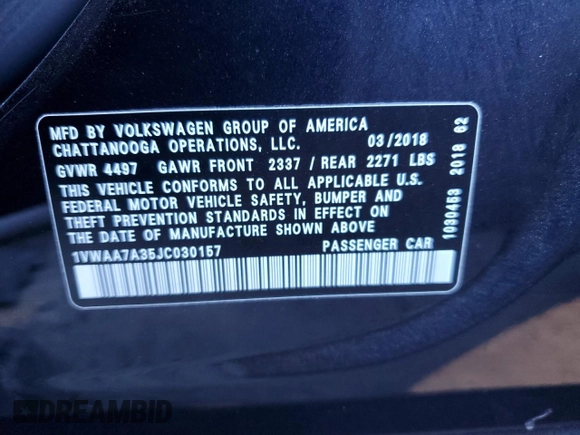 2018 Volkswagen Passat S with VIN 1VWAA7A35JC030157, listed as a Copart auction lot 46951325 with 82,131 mi miles and Non repairable. Bid and sale history available at DreamBid. Image 12.