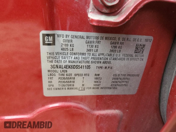2013 Chevrolet Captiva Sport LTZ with VIN 3GNAL4EK6DS541105, listed as a Copart auction lot 78067464 with 126,341 mi miles and Salvage Title. Bid and sale history available at DreamBid. Image 13.