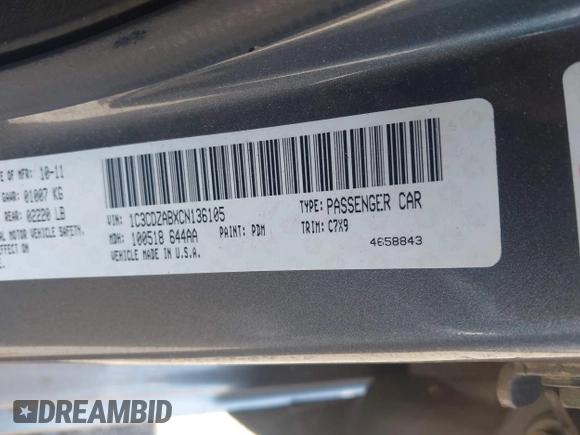 2012 Dodge Avenger SE with VIN 1C3CDZABXCN136105, listed as a IAAI auction lot 42211414 with 169,986 mi miles and . Bid and sale history available at carsss.com. Image 9.