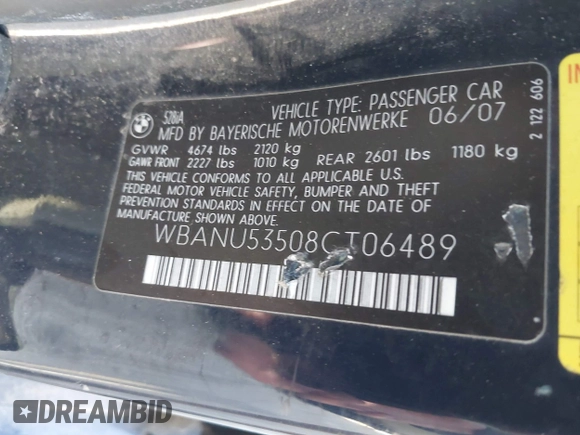 2008 BMW 5 Series 528i with VIN WBANU53508CT06489, listed as a IAAI auction lot 41757477 with 161,706 mi miles and . Bid and sale history available at DreamBid. Image 9.