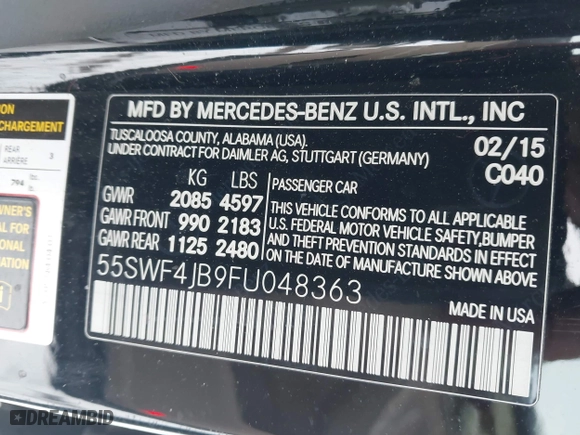 2015 Mercedes-Benz C-Class C 300 with VIN 55SWF4JB9FU048363, listed as a IAAI auction lot 41324130 with 101,595 mi miles. Bid and sale history available at carsss.com. Image 9.