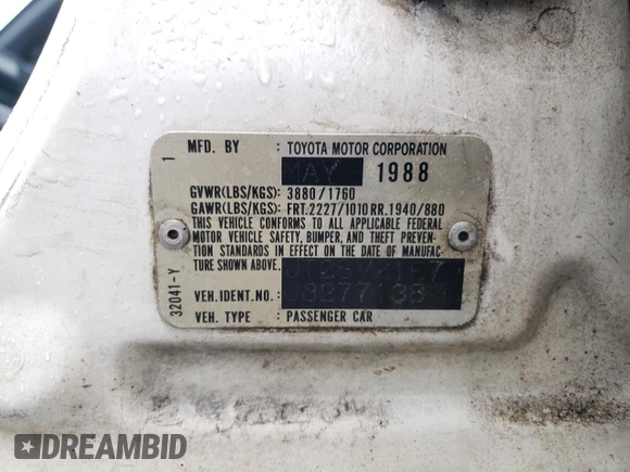 1988 Toyota Camry z VIN JT2SV21E7J3277138, wystawiony jako Copart lot #80039334 z przebiegiem 152 555 mil mil oraz Szkoda całkowita • Salvage title. Historia ofert i sprzedaży dostępna na DreamBid. Obrazek 12.