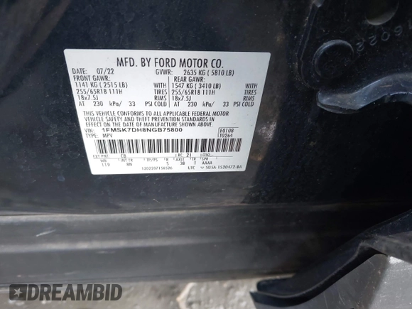 2022 Ford Explorer XLT with VIN 1FMSK7DH8NGB75800, listed as a IAAI auction lot 41581992 with 26,692 mi miles and . Bid and sale history available at DreamBid. Image 9.
