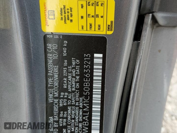 2011 BMW Z4 sDrive35is with VIN WBALM1C50BE633213, listed as a Copart auction lot 61220135 with 62,458 mi miles and Salvage title. Bid and sale history available at DreamBid. Image 12.