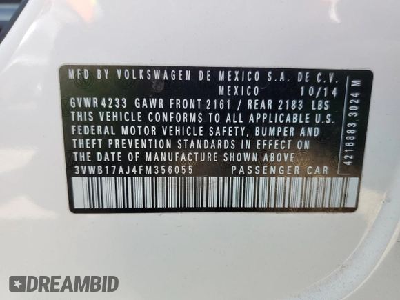 2015 Volkswagen Jetta Sport with VIN 3VWB17AJ4FM356055, listed as a Copart auction lot 62704135 with 123,023 mi miles and Salvage title. Bid and sale history available at DreamBid. Image 12.