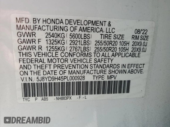 2023 Acura MDX Technology with VIN 5J8YD9H45PL000928, listed as a Copart auction lot 58206855 with 32,168 mi miles and Salvage title. Bid and sale history available at DreamBid. Image 13.