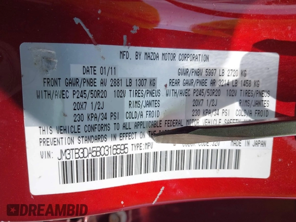 2011 Mazda CX-9 Grand Touring with VIN JM3TB3DA5B0316595, listed as a IAAI auction lot 42849889 with 232,619 mi miles and . Bid and sale history available at DreamBid. Image 9.