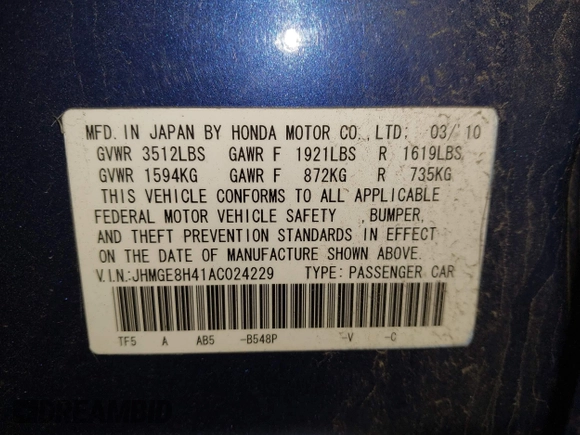 2010 Honda Fit Sport with VIN JHMGE8H41AC024229, listed as a IAAI auction lot 42436936 with 130,839 mi miles and . Bid and sale history available at DreamBid. Image 9.