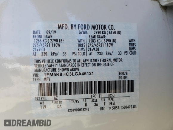 2020 Ford Explorer Platinum z VIN 1FM5K8HC3LGA46121, wystawiony jako Copart lot #60249425 z przebiegiem 46 439 mil mil oraz Szkoda całkowita • Salvage title. Historia ofert i sprzedaży dostępna na DreamBid. Obrazek 13.