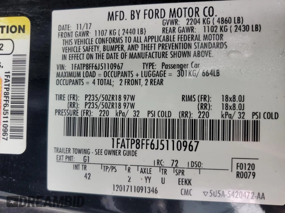 2018 Ford Mustang GT Premium with VIN 1FATP8FF6J5110967, listed as a Copart auction lot 85610744 with Not provided miles and Salvage title. Bid and sale history available at DreamBid. Image 12.