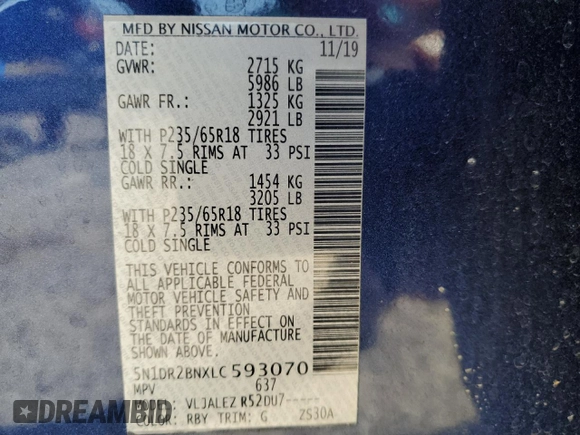 2020 Nissan Pathfinder SV with VIN 5N1DR2BNXLC593070, listed as a Copart auction lot 53845785 with 84,443 mi miles and Salvage title. Bid and sale history available at DreamBid. Image 13.