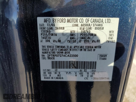 2004 Ford F-150 XL z VIN 2FTRF07274CA23500, wystawiony jako Copart lot #88761275 z przebiegiem 257 573 mil mil oraz Szkoda całkowita • Salvage title. Historia ofert i sprzedaży dostępna na DreamBid. Obrazek 15.