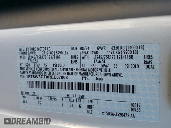 2024 Ford F-350 XL with VIN 1FT8W3DT0REE67068, listed as a Copart auction lot 43037035 with 16,371 mi miles and Salvage Title. Bid and sale history available at DreamBid. Image 14.