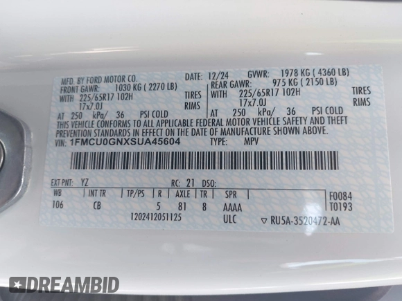 2025 Ford Escape Active z VIN 1FMCU0GNXSUA45604, wystawiony jako IAAI lot #42136960 z przebiegiem 4 161 mil mil oraz . Historia ofert i sprzedaży dostępna na DreamBid. Obrazek 9.