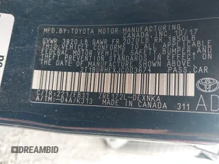 2018 Toyota Corolla L with VIN 2T1BURHEXJC003674, listed as a IAAI auction lot 42511551 with 184,697 mi miles and . Bid and sale history available at DreamBid. Image 9.