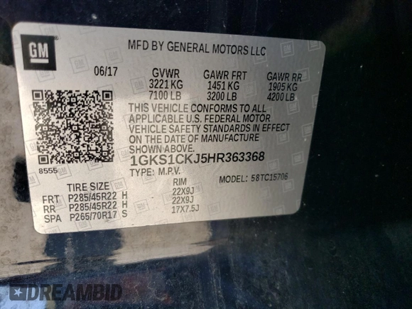 2017 GMC Yukon Denali with VIN 1GKS1CKJ5HR363368, listed as a Copart auction lot 46167715 with 134,515 mi miles and Salvage Title. Bid and sale history available at carsss.com. Image 14.