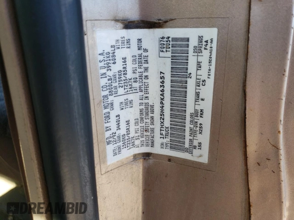 1993 Ford F-250 with VIN 1FTHX25H4PKA63657, listed as a Copart auction lot 49556385 with Not provided miles and Clean title. Bid and sale history available at DreamBid. Image 12.