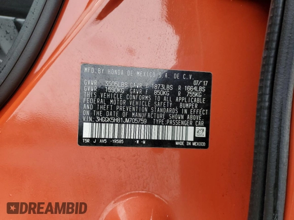 2018 Honda Fit EX with VIN 3HGGK5H81JM705759, listed as a Copart auction lot 58015445 with 37,990 mi miles and Salvage title. Bid and sale history available at DreamBid. Image 13.