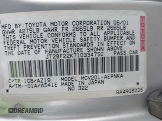 2001 Toyota Camry LE z VIN JT2BF22K710334750, wystawiony jako IAAI lot #42422525 z przebiegiem 273 999 mil mil oraz . Historia ofert i sprzedaży dostępna na DreamBid. Obrazek 8.