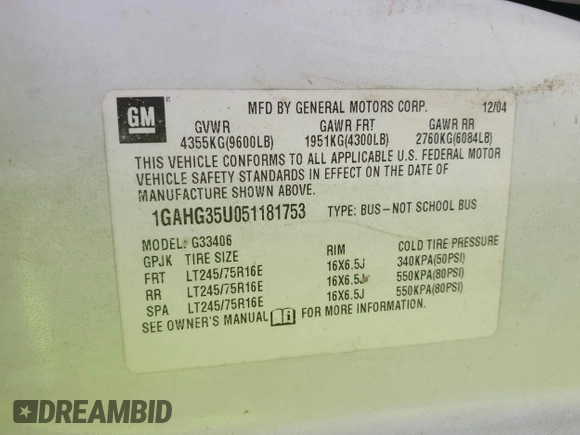 2005 Chevrolet Express Passenger with VIN 1GAHG35U051181753, listed as a IAAI auction lot 42074333 with 335,090 mi miles and . Bid and sale history available at DreamBid. Image 9.