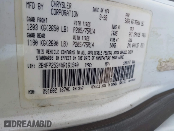 1999 Dodge Caravan with VIN 2B4FP2534XR161940, listed as a IAAI auction lot 41974872 with 162,035 mi miles and . Bid and sale history available at DreamBid. Image 9.