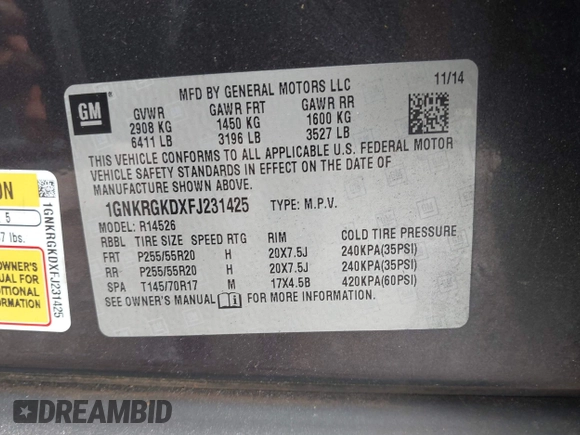 2015 Chevrolet Traverse LT with VIN 1GNKRGKDXFJ231425, listed as a IAAI auction lot 42534443 with Not provided miles and . Bid and sale history available at DreamBid. Image 9.