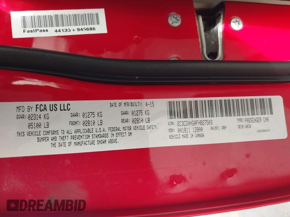 2015 Dodge Charger SXT with VIN 2C3CDXHG0FH827503, listed as a IAAI auction lot 41728214 with Not Provided miles and . Bid and sale history available at DreamBid. Image 9.