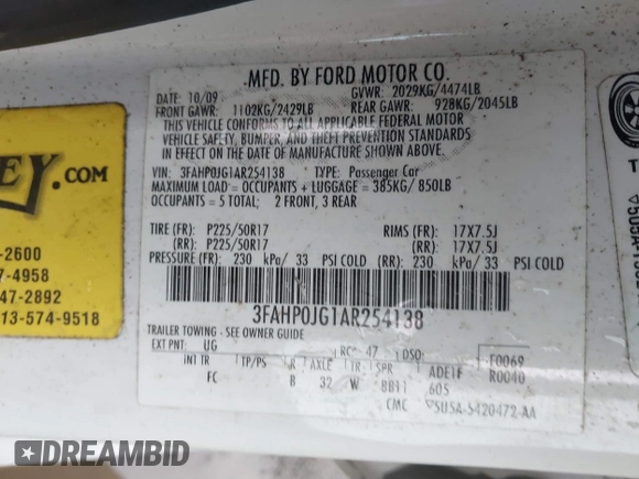 2010 Ford Fusion SEL with VIN 3FAHP0JG1AR254138, listed as a IAAI auction lot 41177427 with 158,485 mi miles and . Bid and sale history available at DreamBid. Image 9.