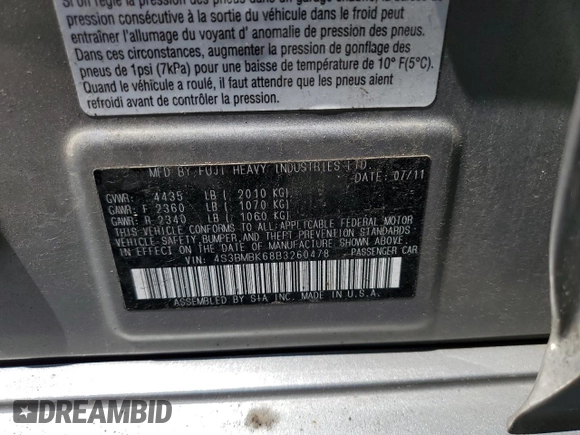 2011 Subaru Legacy Limited Power Moon with VIN 4S3BMBK68B3260478, listed as a Copart auction lot 56486125 with 188,954 mi miles and Salvage title. Bid and sale history available at DreamBid. Image 12.