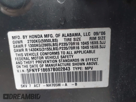 2007 Honda Pilot EX-L with VIN 5FNYF18697B002843, listed as a IAAI auction lot 41549328 with 202,365 mi miles and . Bid and sale history available at DreamBid. Image 9.
