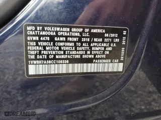 2012 Volkswagen Passat SE with VIN 1VWBH7A38CC108336, listed as a Copart auction lot 88443385 with 109,457 mi miles and Salvage Title. Bid and sale history available at carsss.com. Image 13.