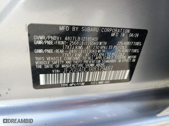 2024 Subaru Crosstrek Premium with VIN JF2GUADC3R8379461, listed as a Copart auction lot 72634584 with 0 mi miles and Salvage Title. Bid and sale history available at carsss.com. Image 13.