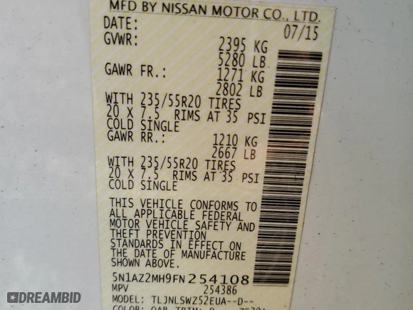2015 Nissan Murano Platinum with VIN 5N1AZ2MH9FN254108, listed as a Copart auction lot 50627235 with 109,655 mi miles and Salvage Title. Bid and sale history available at carsss.com. Image 13.