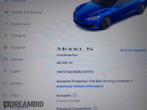 2020 Tesla Model S Long Range с VIN 5YJSA1E26LF411172, выставлен на аукционе IAAI как лот 41318180 с пробегом 45 332 миль миль и . История ставок и продаж доступна на DreamBid. Изображение 7.