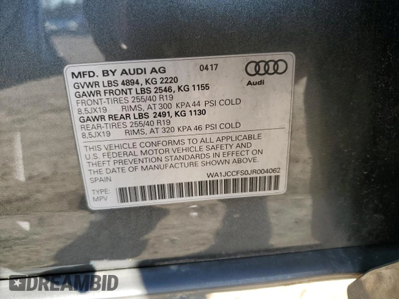 2018 Audi Q3 Premium Plus with VIN WA1JCCFS0JR004062, listed as a Copart auction lot 48510765 with 44,158 mi miles and Salvage Title. Bid and sale history available at carsss.com. Image 13.
