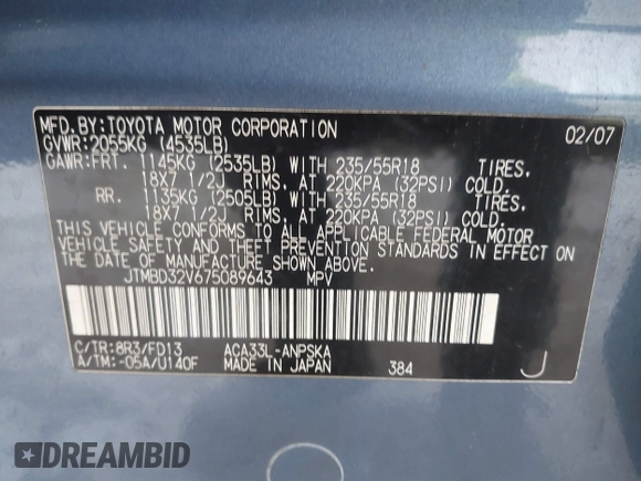 2007 Toyota RAV4 Sport with VIN JTMBD32V675089643, listed as a IAAI auction lot 41126523 with 216,056 mi miles and . Bid and sale history available at DreamBid. Image 9.