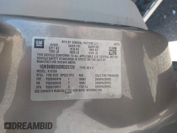 2013 Chevrolet Tahoe LT with VIN 1GNSKBE09DR325729, listed as a IAAI auction lot 41989587 with 186,361 mi miles and . Bid and sale history available at DreamBid. Image 9.