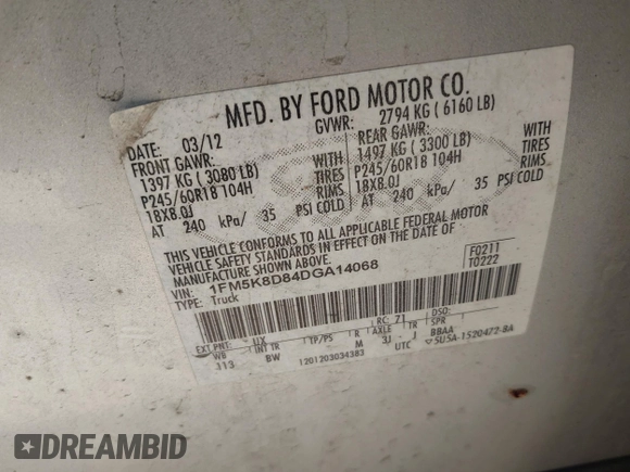2013 Ford Explorer XLT with VIN 1FM5K8D84DGA14068, listed as a IAAI auction lot 42217599 with 138,583 mi miles and . Bid and sale history available at DreamBid. Image 9.