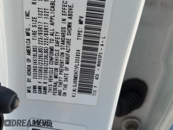 2015 Honda CR-V EX-L with VIN 5J6RM3H71FL005904, listed as a Copart auction lot 53820825 with 91,525 mi miles and Salvage Title. Bid and sale history available at carsss.com. Image 14.